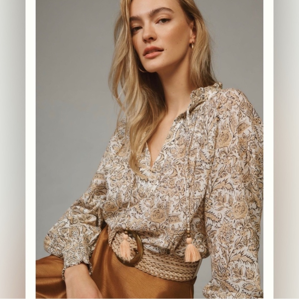 Anthropologie Tie Neck Peasant Blouse Neutral Motif Floral Print Women's Medium